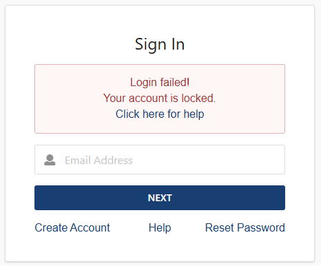 Screenshot illustrating the error message displayed after failing to log in, when your account is locked.